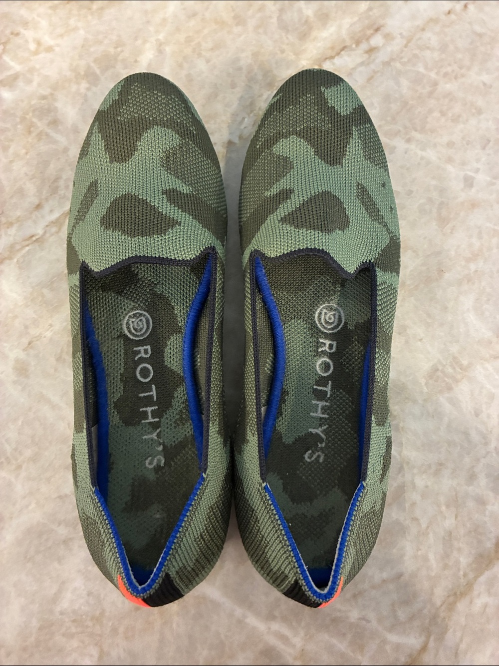 Rothy's Woman’s Camo Knit Slip-Ons with Blue Trim